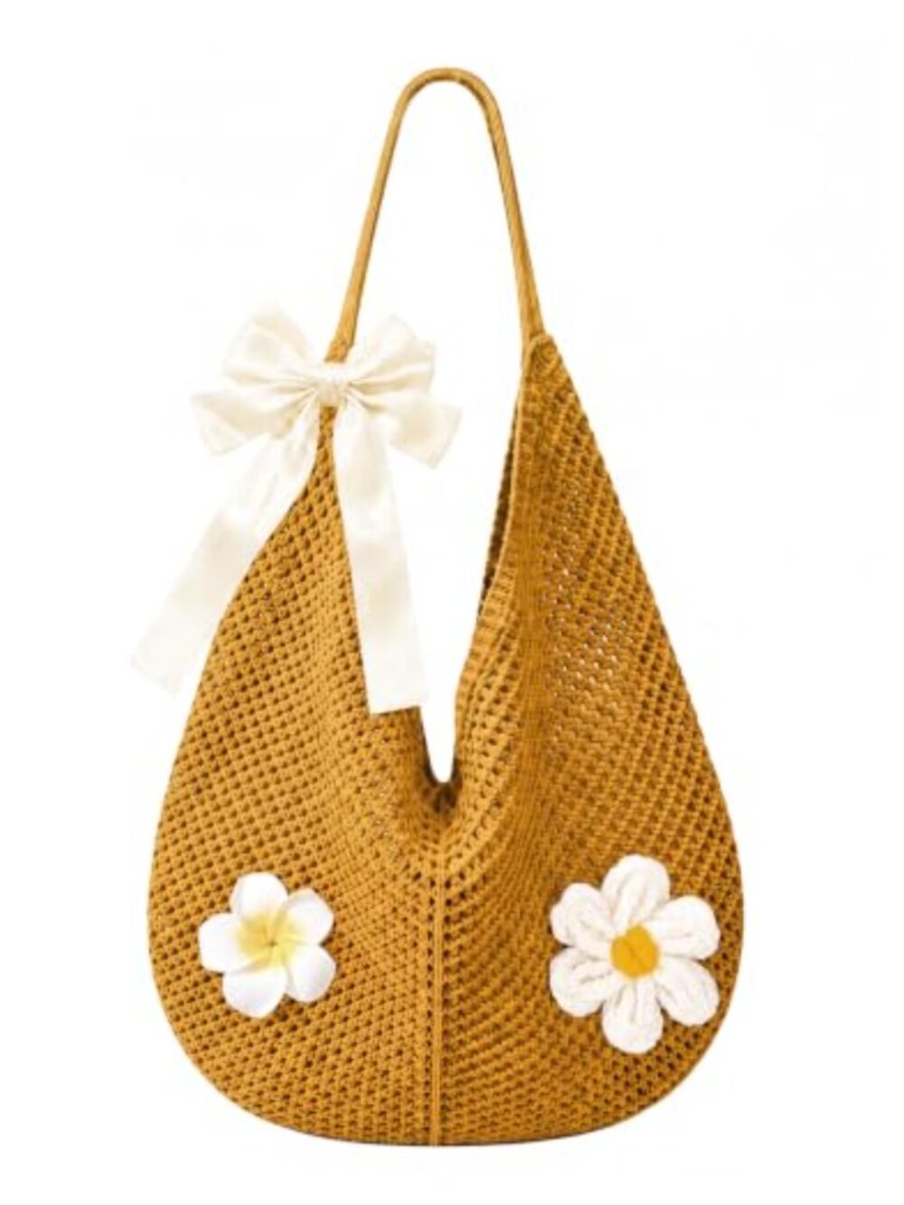 Handmade Cotton Woven Tote Bag Satin Bow 3D Flowers Large Shoulder Purse